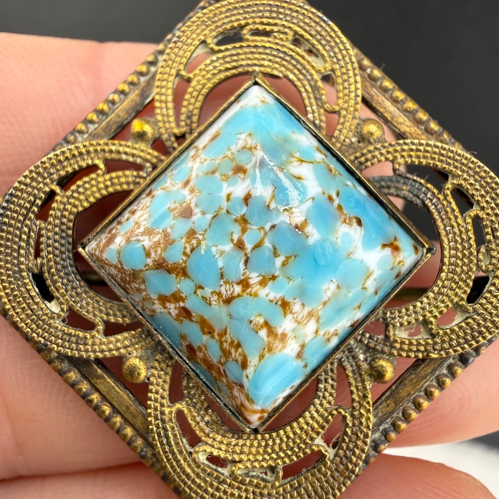 Vintage Czech Brooch Gold Tone Blue Mottled Glass Filigree Square READ